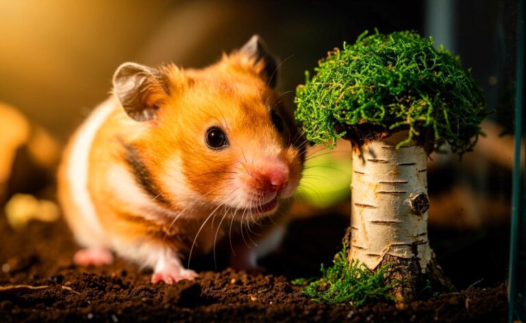 Illustration von einem Goldhamster, der neugierig an einem kunstvoll gestalteten Miniaturbaum aus Naturholz und Moos in seinem Gehege schnuppert.