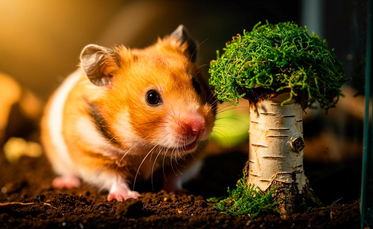 Illustration von einem Goldhamster, der neugierig an einem kunstvoll gestalteten Miniaturbaum aus Naturholz und Moos in seinem Gehege schnuppert.