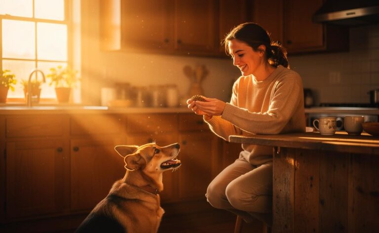 Illustration von einem Hundebesitzer, der mit seinem Hund morgens interaktiv durch Suchspiele mit Futter arbeitet, während der Hund glücklich und konzentriert ist.