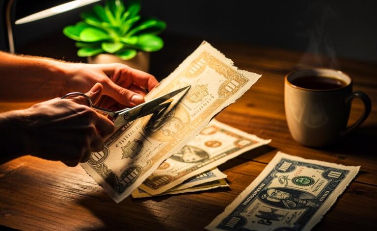 Illustration von einer Hand, die mit einer Schere einen bunten Geldschein aus einem alten Kalenderblatt ausschneidet, daneben ein Stapel weiterer ausgeschnittener Scheine und eine Tasse Kaffee auf einem Schreibtisch.