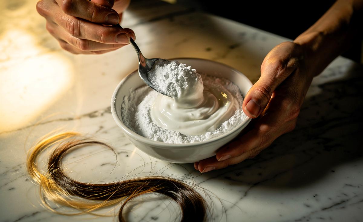 Illustration von einer Person, die mit einem Pinsel Backpulver-Paste auf ihre Haare aufträgt, daneben liegen eine Backpulverdose und eine Schüssel.