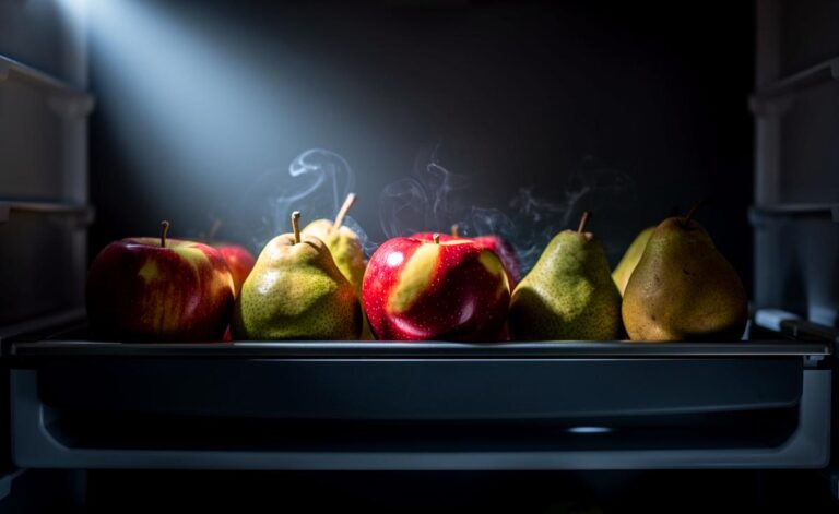 Illustration von Äpfeln und Birnen, die mit großzügigem Abstand zueinander in einer geöffneten Kühlschrank-Schublade liegen, während unsichtbare Luftströme und Ethylen-Moleküle zwischen ihnen zirkulieren.