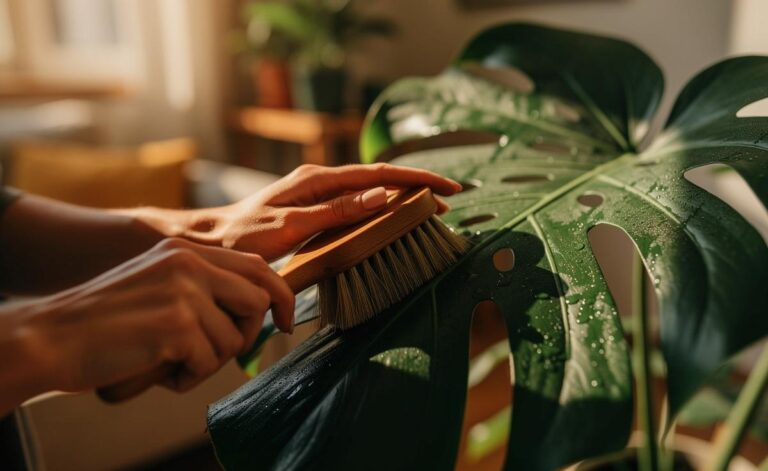 Illustration von einer Person, die mit einer weichen Bürste die Blätter einer großen Zimmerpflanze, wie einer Monstera, pflegt.