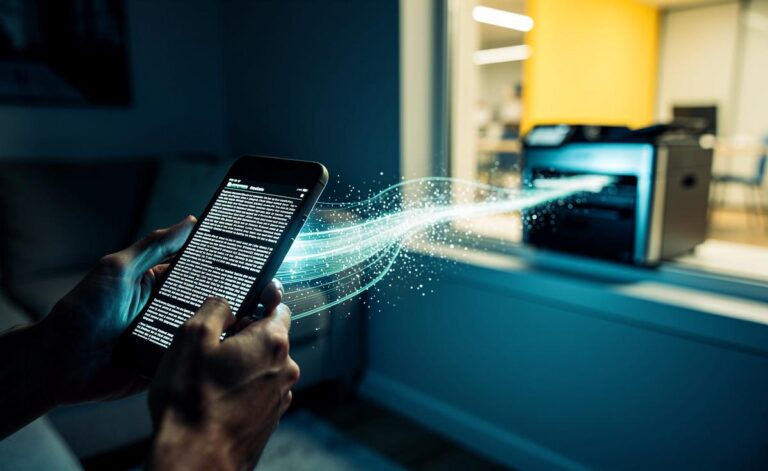 Illustration von einer Hand, die ein Smartphone hält, von dem aus ein digitales Dokument an einen entfernten, unbekannten Drucker gesendet wird.