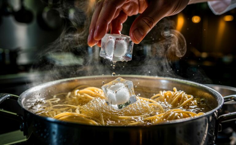 Illustration von Eiswürfeln, die in einen Topf mit kochenden Nudeln fallen, während eine Hand eines Kochs sie hineingibt.