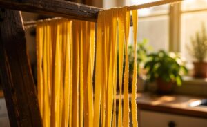 Illustration von frisch hergestellten Bandnudeln, die zum Trocknen über eine Wäscheleine in einer modernen Küche gehängt sind.