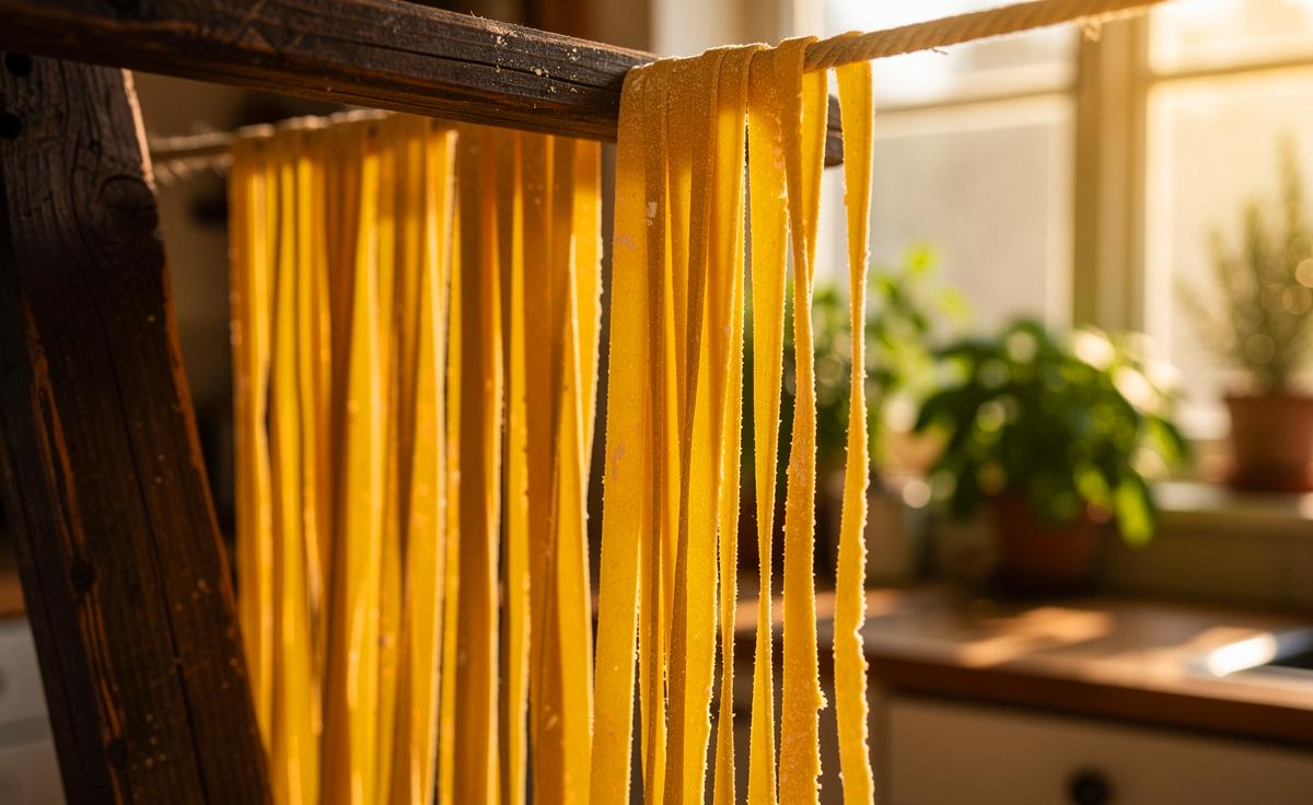 Illustration von frisch hergestellten Bandnudeln, die zum Trocknen über eine Wäscheleine in einer modernen Küche gehängt sind.