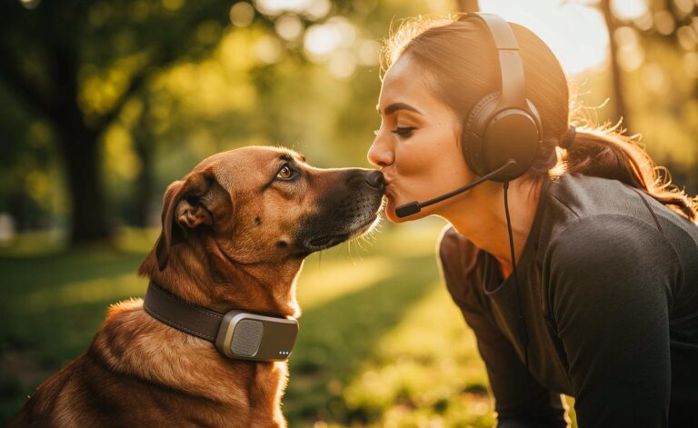 Illustration von einem Hund mit einem Halsband, an dem ein kleiner Lautsprecher befestigt ist, während sein Besitzer mit einem drahtlosen Kopfhörer spricht.