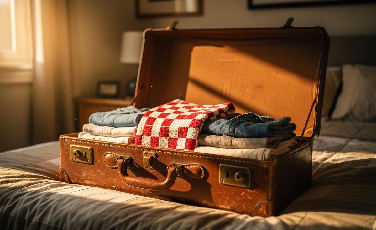 Illustration von einem geöffneten Koffer, in dem sorgfältig gefaltete Kleidungsstücke und ein auffällig platziertes, rot kariertes Geschirrtuch zu sehen sind.