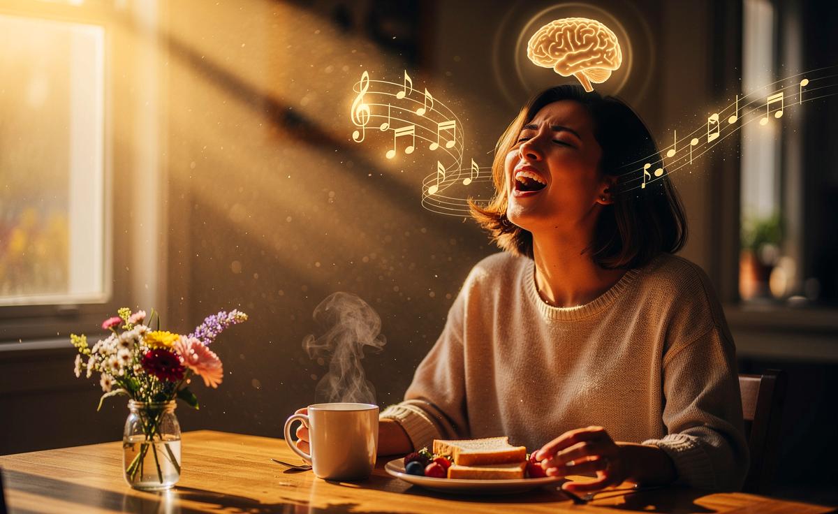Illustration von einer Person, die mit strahlendem Gesicht und offenem Mund am Frühstückstisch sitzt und singt, während Noten und ein Gehirn-Symbol mit Endorphin-Ausschüttung sichtbar werden.