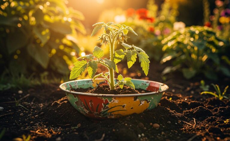 Illustration von emaillierten Salatschüsseln, die halb im Gartenboden vergraben sind und junge Pflanzen umschließen.