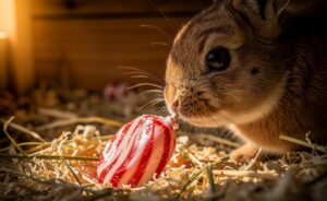 Illustration von einem neugierigen Kaninchen, das vor einem vergrabenen Pfefferminzbonbon in der Einstreu seines Stalles sitzt.