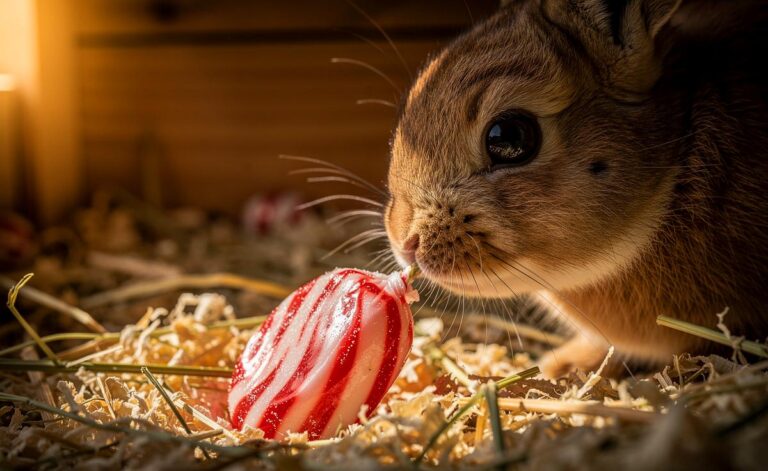 Illustration von einem neugierigen Kaninchen, das vor einem vergrabenen Pfefferminzbonbon in der Einstreu seines Stalles sitzt.