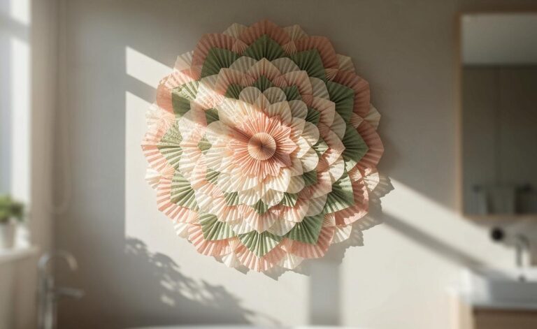 Illustration von gefalteten und gefärbten Kaffeefiltern, die als kunstvolle Wanddekoration in einem modernen Badezimmer arrangiert sind.