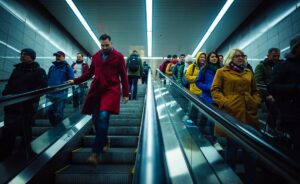 Illustration von Menschen, die auf einer Rolltreppe in einer U-Bahn-Station laufen und stehen, wobei der dynamische Personenfluss und das Prinzip "rechts stehen, links gehen" dargestellt werden.