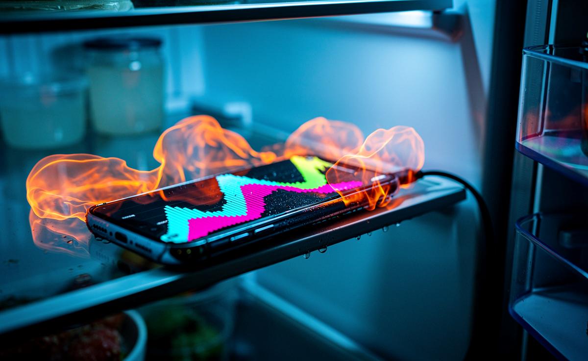 Illustration von einem Smartphone, das in einem geöffneten Kühlschrank an einem Ladekabel hängt, während im Hintergrund abstrakte Wärmewellen und Leistungsdiagramme auf einem Bildschirm zu sehen sind.