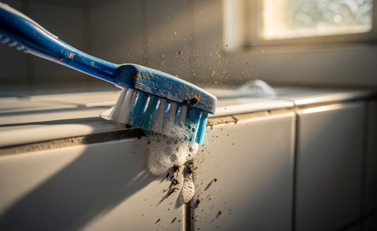 Illustration von einer ausgedienten Zahnbürste, die präzise die Fugen eines Fliesenspiegels reinigt, umgeben von weiteren Haushaltsutensilien, die das Konzept des nachhaltigen Upcyclings und der gründlichen Reinigung visualisieren.